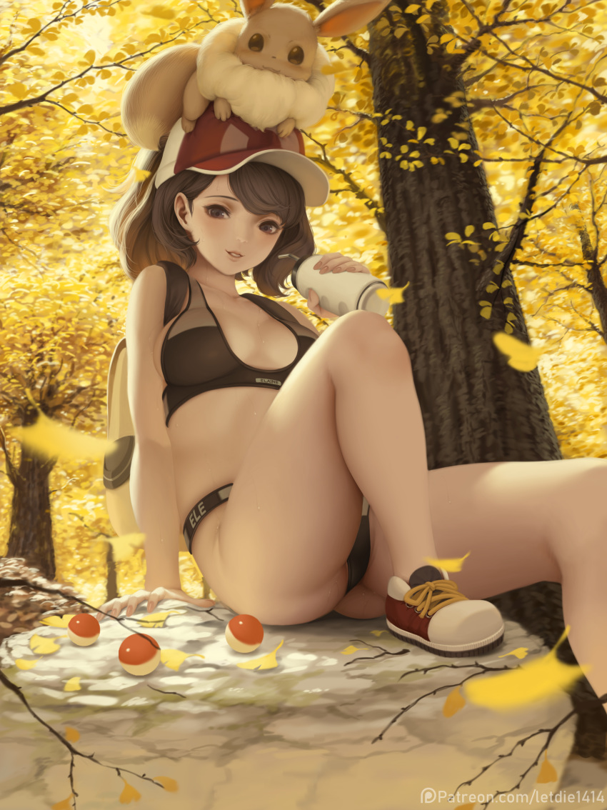 1boy 1girls alternate_breast_size arm_support ass backpack bag baseball_cap big_breasts bottle bra breasts brown_hair eevee elaine_(pokemon) female forest hat high_ponytail human letdie1414 long_hair nintendo outdoors panties patreon_logo patreon_username pokemon pokemon_lgpe pokemon_rgby shoes sitting sneakers sports_bra spread_legs text thick_thighs tree url watermark wet wide_hips