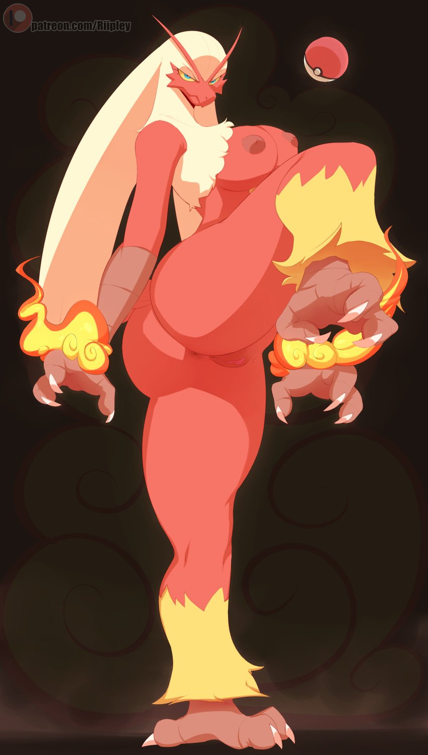 1girls 2019 3_toes absurd_res anthro anthrofied anus areola areolae armpits ass avian beak blaziken blonde_hair blue_eyes bottom_heavy breasts claws digital_media_(artwork) eye_contact feet female female_only fire half-closed_eyes hi_res huge_ass inverted_nipples large_breasts leg_up long_hair long_legs looking_at_viewer nintendo nipples nude on_one_leg patreon poke_ball pokemon pokemon_(species) pokemon_rse pose pussy red_skin riipley soles solo standing talons text thick_thighs thin_waist toes url video_games watermark wide_hips yellow_sclera