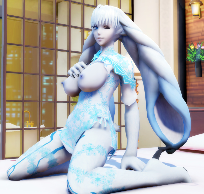 1girls 3d breast dahlia_(xenoblade) fur huge_breasts kneeling misterorzo mmd nintendo rabbit_ears wink xenoblade_(series) xenoblade_chronicles_2