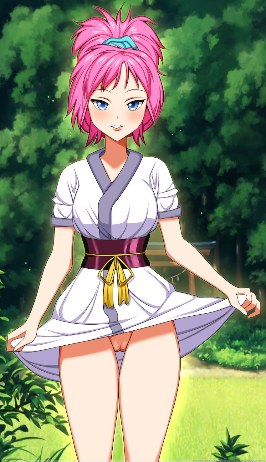 1girls bottomless breasts deadtemple female female_only flashing human hunter_x_hunter long_hair machi_komacine no_panties outdoors pale-skinned_female pale_skin phantom_troupe pink_hair pussy pussy_peek shounen_jump skirt_lift solo villainess