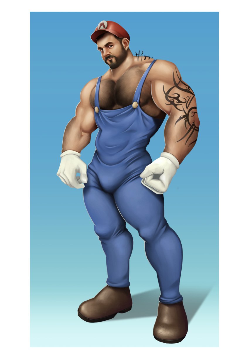 1boy beard blue_background buff bulge clothed clothing facial_hair full_body hairy_chest hfguy looking_at_viewer male male_only mario mario_(series) muscular nintendo overalls simple_background solo standing suggestive tattoo thick_thighs video_games white_border