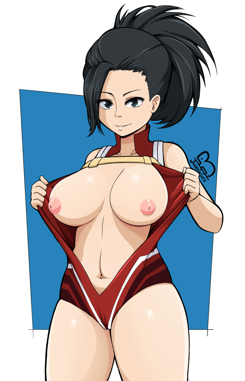 1girls areolae artist_name big_breasts black_hair breasts clothing female female_only hair juliantheturtle light-skinned_female light_skin momo_yaoyorozu my_hero_academia nipples presenting presenting_breasts solo watermark