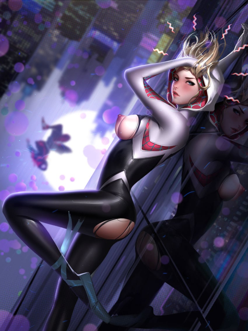 1girls absurdres areolae ass ballet_slippers breasts female gwen_stacy gwen_stacy_(spider-verse) highres liang_xing male marvel nipples solo spider-gwen spider-man:_into_the_spider-verse spider-man_(series) superhero superhero_costume superheroine