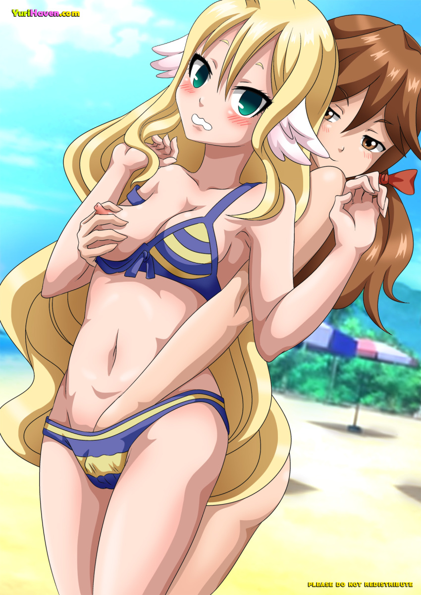 2girls arms_up ass bbmbbf beach blonde_hair blue_stripes blush breast_grab breasts brown_eyes brown_hair erect_nipples fairy_tail female_only fingering grabbing green_eyes hair hair_ribbon hands_up long_hair looking_at_another mavis_vermilion medium_breasts multiple_girls nipples outdoors pinching_nipples ribbon ribbon_in_hair short_hair smile smiling_at_another startled stripes swimsuit tree trees very_long_hair yellow_stripes yuri yurihaven.com zera_(fairy_tail)