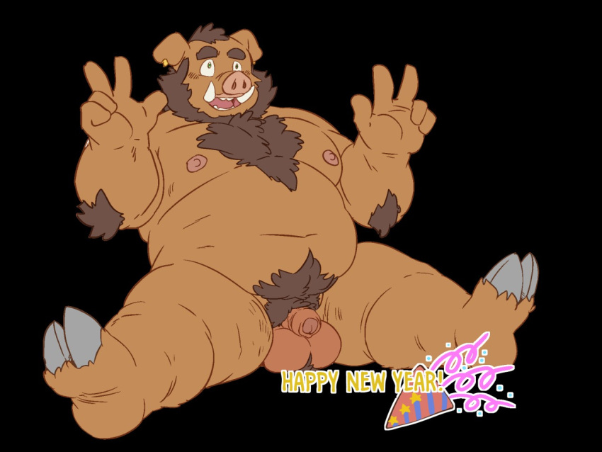 2019 anthro balls beard body_hair brown_hair chest_hair cloven_hooves ear_piercing elbow_tufts facial_hair flaccid hair hooves male male_only mammal markwulfgar nipples nude open_mouth pecs penis piercing pubes slightly_chubby smile solo suid suina sus_(pig) tuft tusks uncut v_sign wild_boar