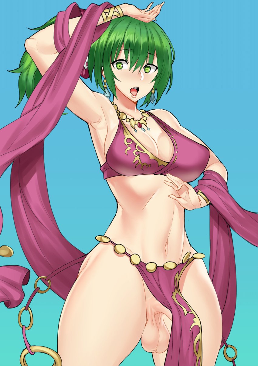 1futa arm_up armpits balls balls_under_clothes bare_legs bottomless_skirt breasts bulge cleavage curvy embarrassed_nude_futa erection erection_under_clothes erection_under_skirt fire_emblem fire_emblem:_genealogy_of_the_holy_war futa_only futa_sans_pussy futanari green_eyes green_hair highres intersex large_breasts large_penis lene_(fire_emblem) loincloth madkaiser nintendo open_mouth penis penis_under_clothes penis_under_skirt sagging_balls semi-erect skirt skirt_lift solo standing testicles tongue