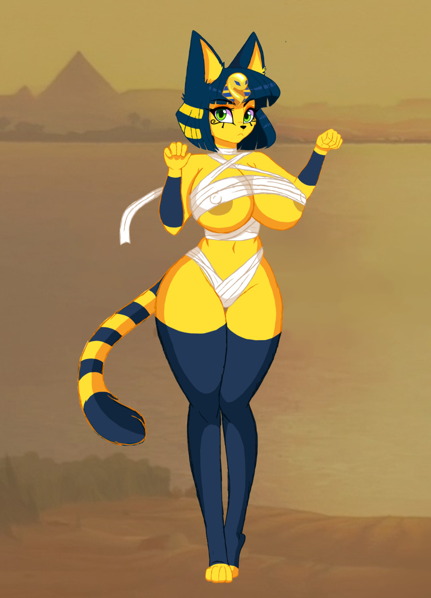 1girls animal_crossing ankha anthro areolae bandage belly big_breasts blue_fur blue_hair breasts brown_background cocaine-leopard desert egyptian feet female female_only furry green_eyes huge_breasts navel nintendo nipples nude outdoors paws pyramid revealing_clothes sand standing stripes tail thick_thighs wide_hips yellow_fur