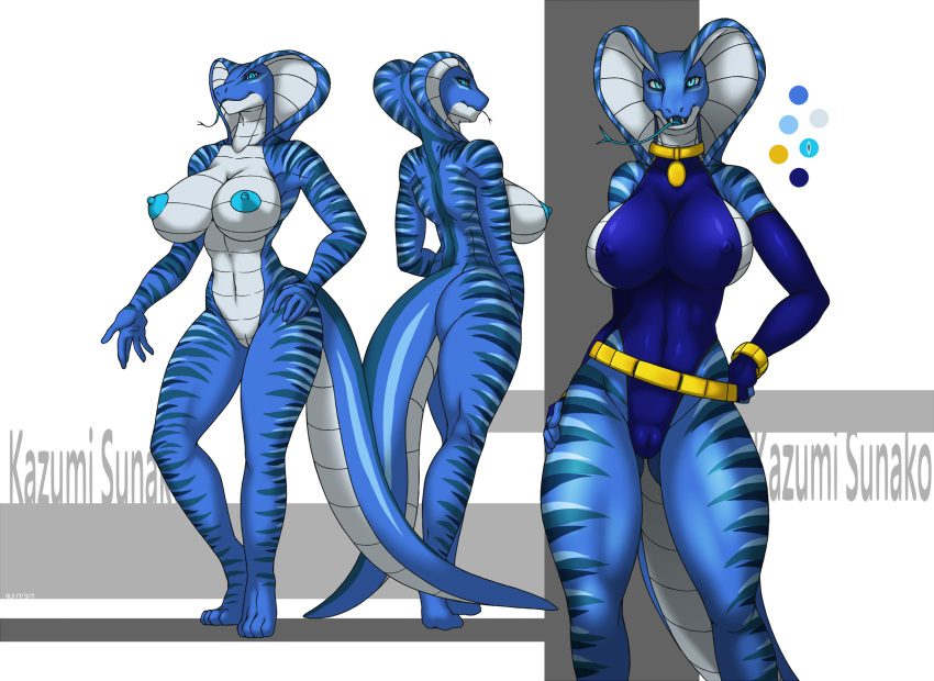 anthro big_breasts breasts cameltoe clothing collar curvaceous female hi_res link2004 looking_at_viewer model_sheet nipples nude pussy reptile scalie snake solo standing thick_thighs tight_clothing tongue tongue_out