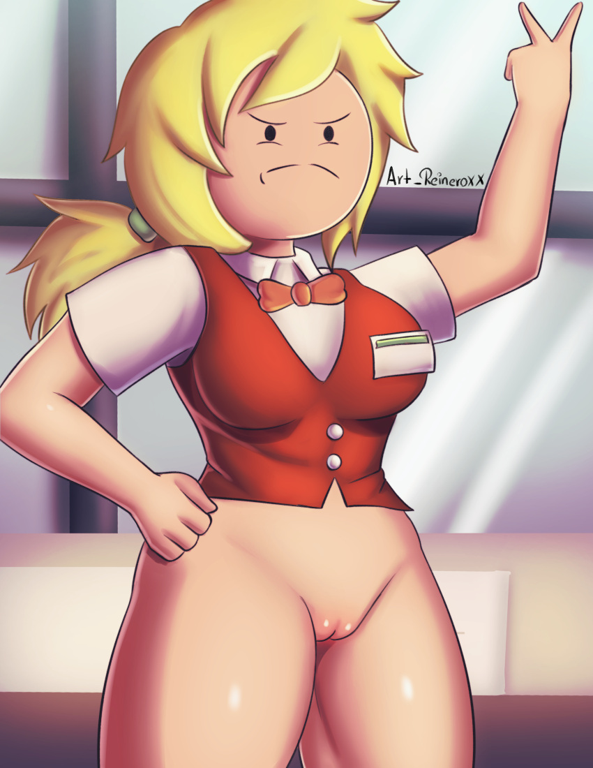 adventure_time blonde_hair casual clothing female fionna_and_cake fionna_campbell fionna_the_human_girl highres human neckwear outerwear pale_skin pants_down public pussy reinerox thick_thighs