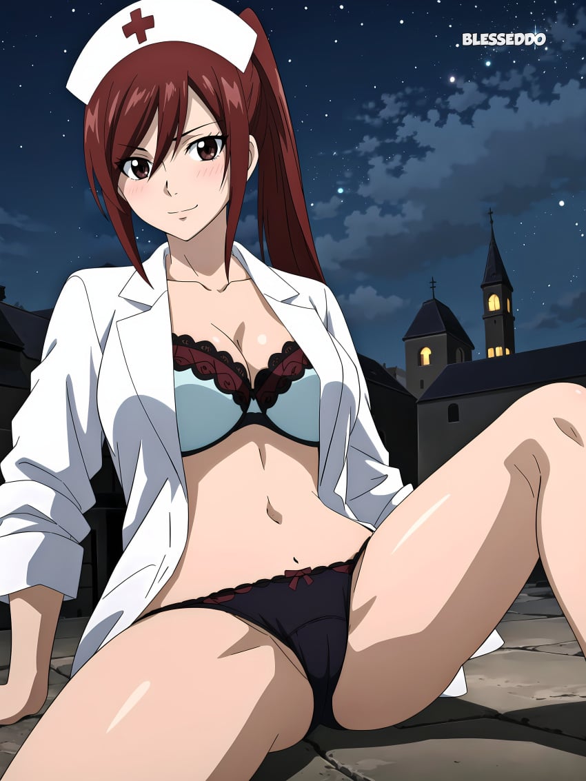 1girls ai_generated blesseddo cleavage erza_scarlet fairy_tail legs_apart long_hair looking_at_viewer nurse ponytail red_hair solo