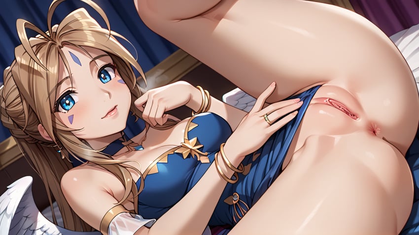 1girls ai_generated angel angel_wings anus belldandy big_ass blue_dress blue_eyes blush bracelet braided_hair brown_hair choker clitoris earrings facial_markings leg_lift legs_spread long_hair looking_at_viewer medium_breasts oh_my_goddess! on_back presenting_anus presenting_pussy pussy ring