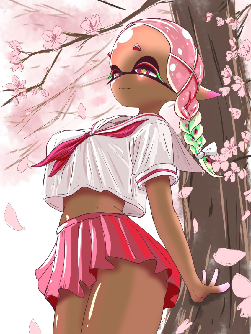 2024 anime_style background bedroom_eyes black_body black_mask breasts cherry_blossom cherry_blossom_tree dark-skinned_female dark_body dark_skin digital_drawing_(artwork) dipstick_fingers frye_(splatoon) frye_onaga hi_res inkling multicolored_hair nintendo pink_eyebrows pink_eyelashes pink_eyes pink_hair pink_skirt pseudo_hair school_girl school_uniform schoolgirl schoolgirl_uniform skirt smiling splatoon splatoon_(series) splatoon_3 stomach t2ukmyjm tentacle tentacle_hair uniform uniform_top