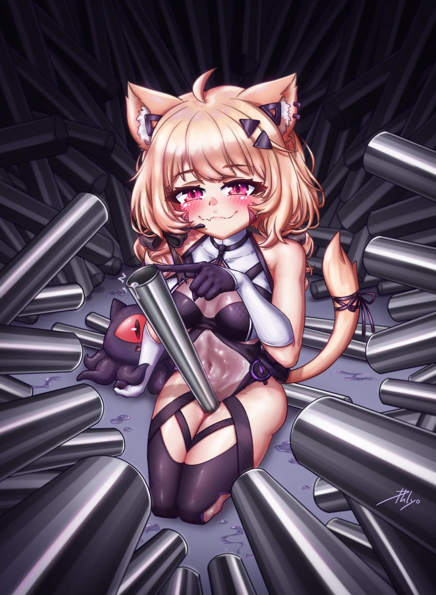 blonde_hair cat_ears cat_tail catgirl face_markings female_only phlyo_(phlyantrophy) red_eyes squchan_(vtuber) virtual_youtuber vyugen