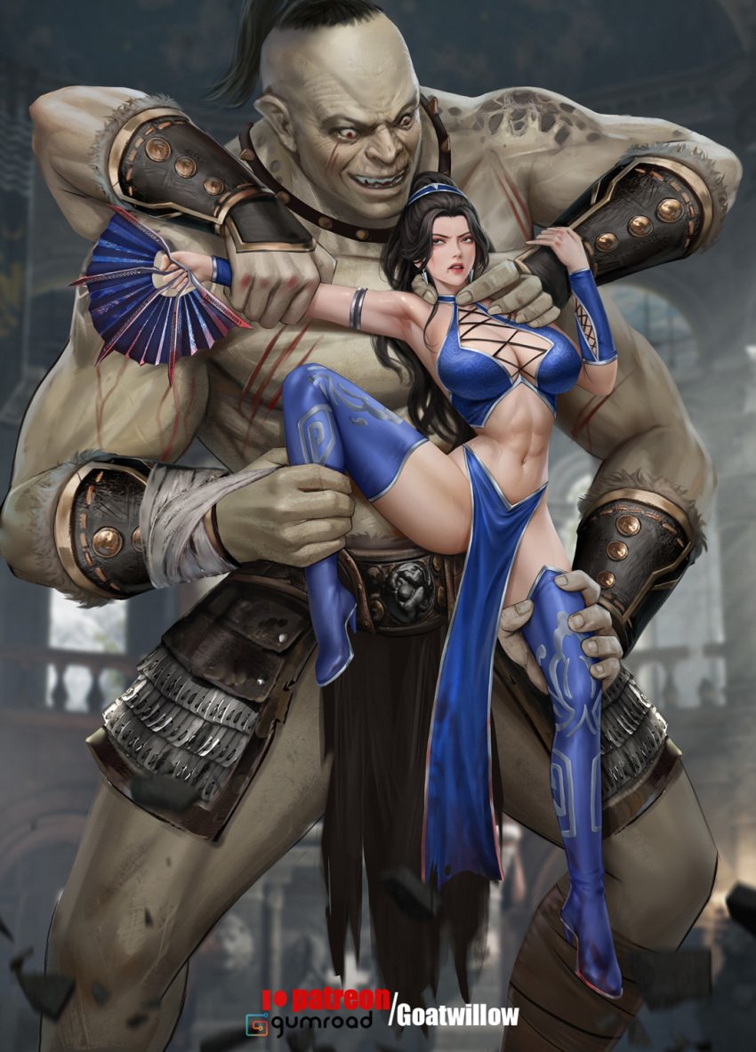 4_arms abs alternate_version_available arm_grab armor armored_gloves armpits athletic athletic_female barbs bare_shoulders belly_button belt big_breasts black_hair blood blue_clothing bracelet cleavage earrings edenian evil_smile eyebrows fan giant giant_male goatwillow goro halterneck kitana leg_grab light-skinned_female lipstick liu_meixing_(artist) long_hair looking_at_partner makeup mortal_kombat mortal_kombat_(2011) mortal_kombat_x multi_arm multi_limb muscular muscular_male neck_grab open open_legs pelvic_curtain princess red_eyes royalty shokan skimpy skimpy_clothes stain tagme teeth thick_thighs tiara twintails unmasked