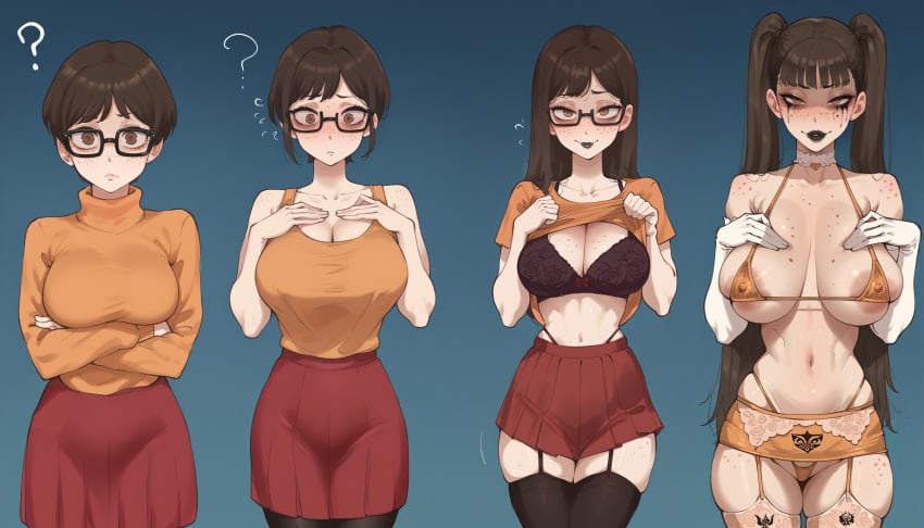 ai_generated ass_expansion bimbofication breast_expansion fdpdablizzard998 female hair_color_change hair_growth large_ass large_breasts leotard lip_expansion midriff navel scooby-doo thick_thighs thigh_expansion transformation transformation_sequence velma_dinkley wide_hips