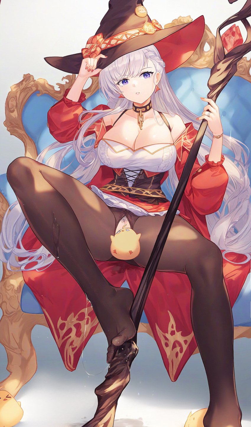 1animal 1girls ai-assisted ai_generated alternate_costume azur_lane barefoot belfast_(azur_lane) breasts broken broken_chain brown_hat brown_pantyhose censored chains cleavage coat crotchless crotchless_pantyhose english_commentary female female_pubic_hair foot_out_of_frame framed_breasts gem hat highres holding holding_staff huge_breasts jewelry light-skinned_female light_skin long_sleeves looking_at_viewer manjuu_(azur_lane) nail_polish pantyhose pubic_hair puffy_sleeves purple_eyes purple_hair red_coat red_gemstone red_nails ring royal_navy_(azur_lane) sitting solo spread_legs staff urdha wedding_ring witch_hat