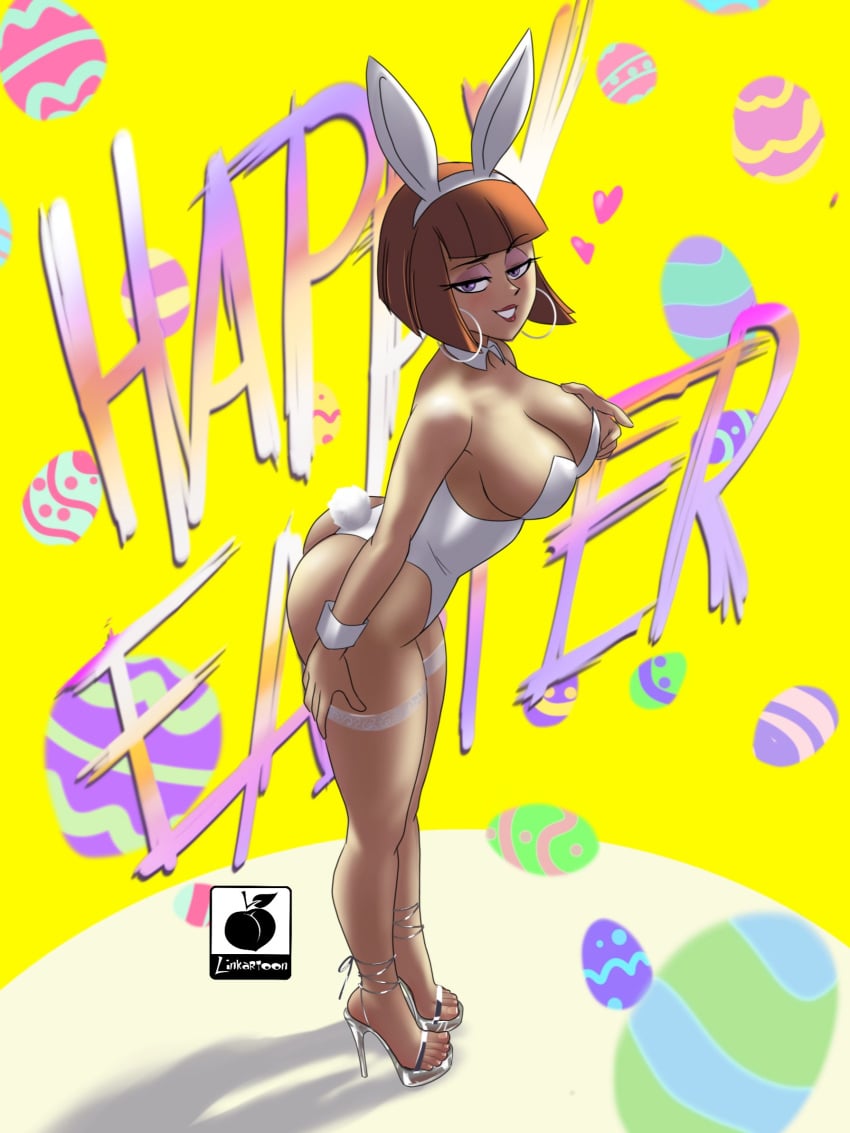 big_breasts brown_hair bunny_girl bunnysuit danny_phantom easter feet high_heels hoop_earrings linkartoon madeline_fenton mature_female milf short_hair