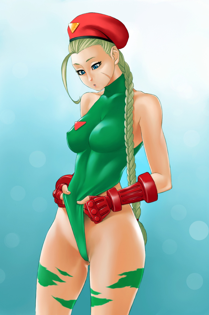 blonde_hair blue_eyes braided_hair cammy_white capcom green_leotard leotard leotard_pull light-skinned_female nipple_bulge self_wedgie shaved_crotch solid-zonda street_fighter wedgie