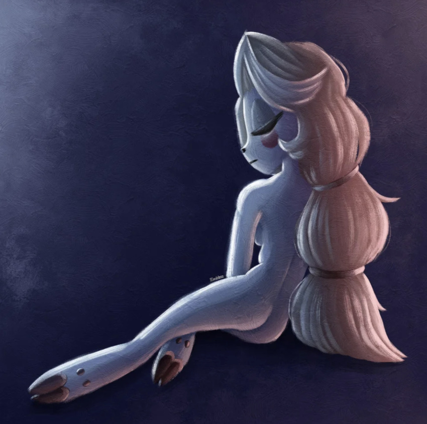 2d artistic_nude back_view blonde_hair charlie_morningstar_(hazbin_hotel) closed_eyes contemplative demon_girl hazbin_hotel hooves lighting long_braid long_hair mood_lighting moody nonsexual_nudity painting_(artwork) soft_shading tasteful_nudity vivienne_medrano white_skin zealotiv