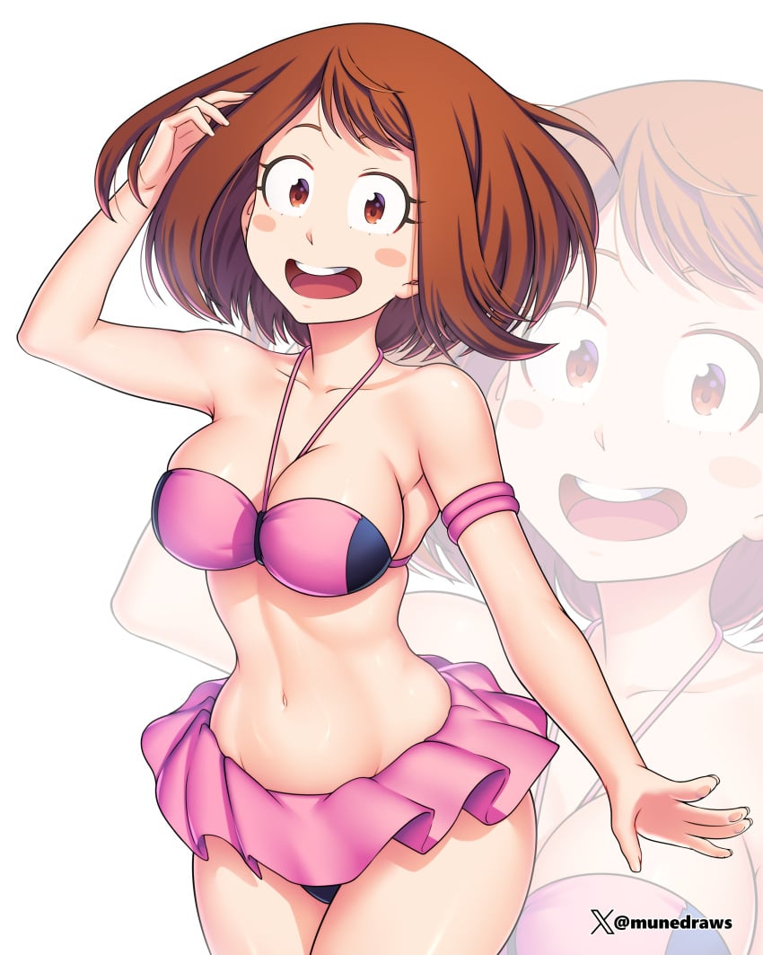 1girls belly_button big_breasts bikini bikini_bottom bikini_top brown_hair etchimune hand_through_hair my_hero_academia ochako_uraraka smile_at_viewer solo