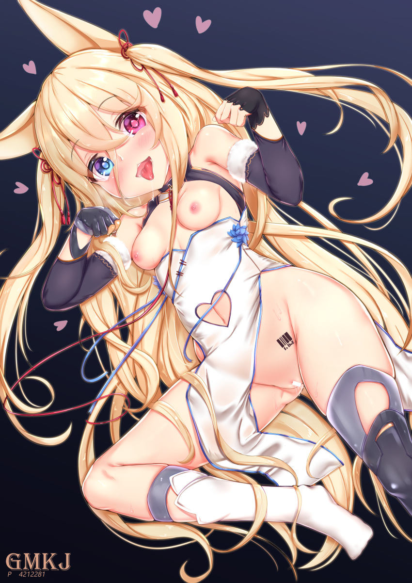 1girls absurdres ahe_gao animal_ears artist_name bangs bar_censor barcode barcode_tattoo bare_shoulders blonde_hair blue_eyes blunt_bangs blush breasts censored center_opening china_dress chinese_clothes collar commentary_request dress eyebrows_visible_through_hair female female_focus female_only fingerless_gloves g41_(girls'_frontline) girls'_frontline gloves gmkj hair_ribbon heart heart_background heterochromia highres kneehighs long_hair looking_at_viewer navel navel_cutout open_mouth over-kneehighs panties paw_pose pose red_eyes ribbon sleeveless sleeveless_dress small_breasts socks solo sweat tattoo thighhighs tongue tongue_out twintails underwear very_long_hair