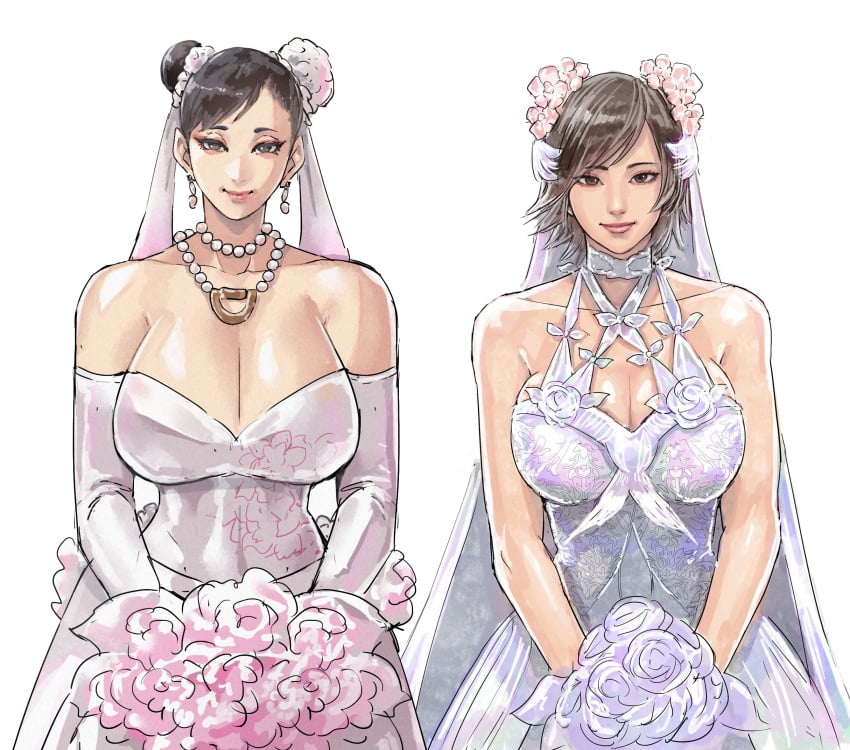 2girls accessory bare_shoulders big_breasts bouquet breasts bride brown_eyes brown_hair chun-li cirenk cleavage clothed clothing double_bun dress ear_piercing earrings female female_only flower flowers hair_accessory hair_bun hair_buns hair_ornament hair_ribbon half-length_portrait holding_bouquet holding_object huge_breasts jewelry kazama_asuka large_breasts light-skinned_female light_skin looking_at_viewer matching_hair/eyes necklace pearl_necklace pearls piercing portrait short_hair smile smiling_at_viewer street_fighter tekken tied_hair upper_body wedding_dress wedding_gloves white_clothing white_dress wholesome