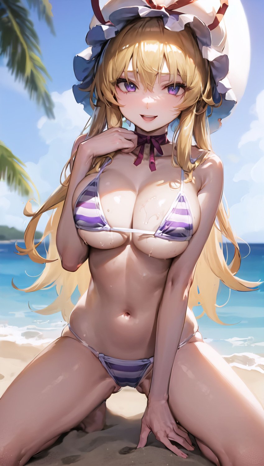 ai_generated beach big_breasts bikini blonde_hair breast_squeeze female pitophee purple_eyes smiling solo striped_bikini touhou yukari_yakumo