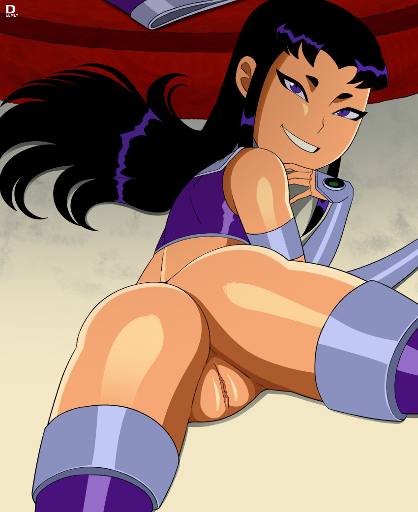 1girls ass blackfire cartoon_network dc dc_comics deemlyart female female_focus female_only girl girl_only komand'r looking_back looking_back_at_viewer only_female orange_skin purple_eyes purple_hair purple_hair_female pussy smile smiling smiling_at_viewer solo solo_female solo_focus teen_titans vagina