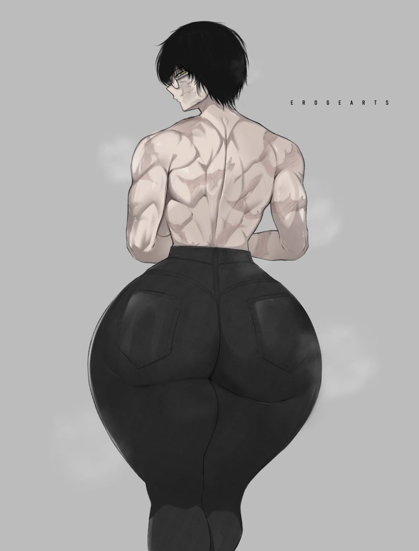 1girls ass black_hair black_jeans bottom_heavy bubble_butt clothed clothing erogearts female female_only glasses heavenly_ass jeans jujutsu_kaisen large_ass looking_back muscular muscular_female pale-skinned_female pale_skin partially_clothed scars scars_all_over scars_on_arm scars_on_back scars_on_face shirtless shirtless_female short_hair spankable_ass thick_thighs topless wide_hips zenin_maki