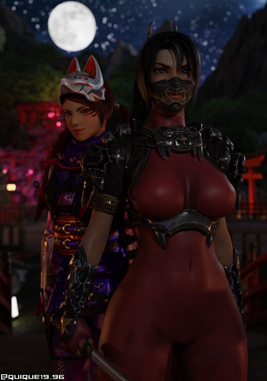 2girls 3d alluring big_breasts black_hair bodysuit brown_eyes clothed crossover female female_only kitsune_marks kunimitsu_ii kunoichi lavender_eyes namco ninja project_soul quique19_96 red_eyes soul_calibur taki tekken