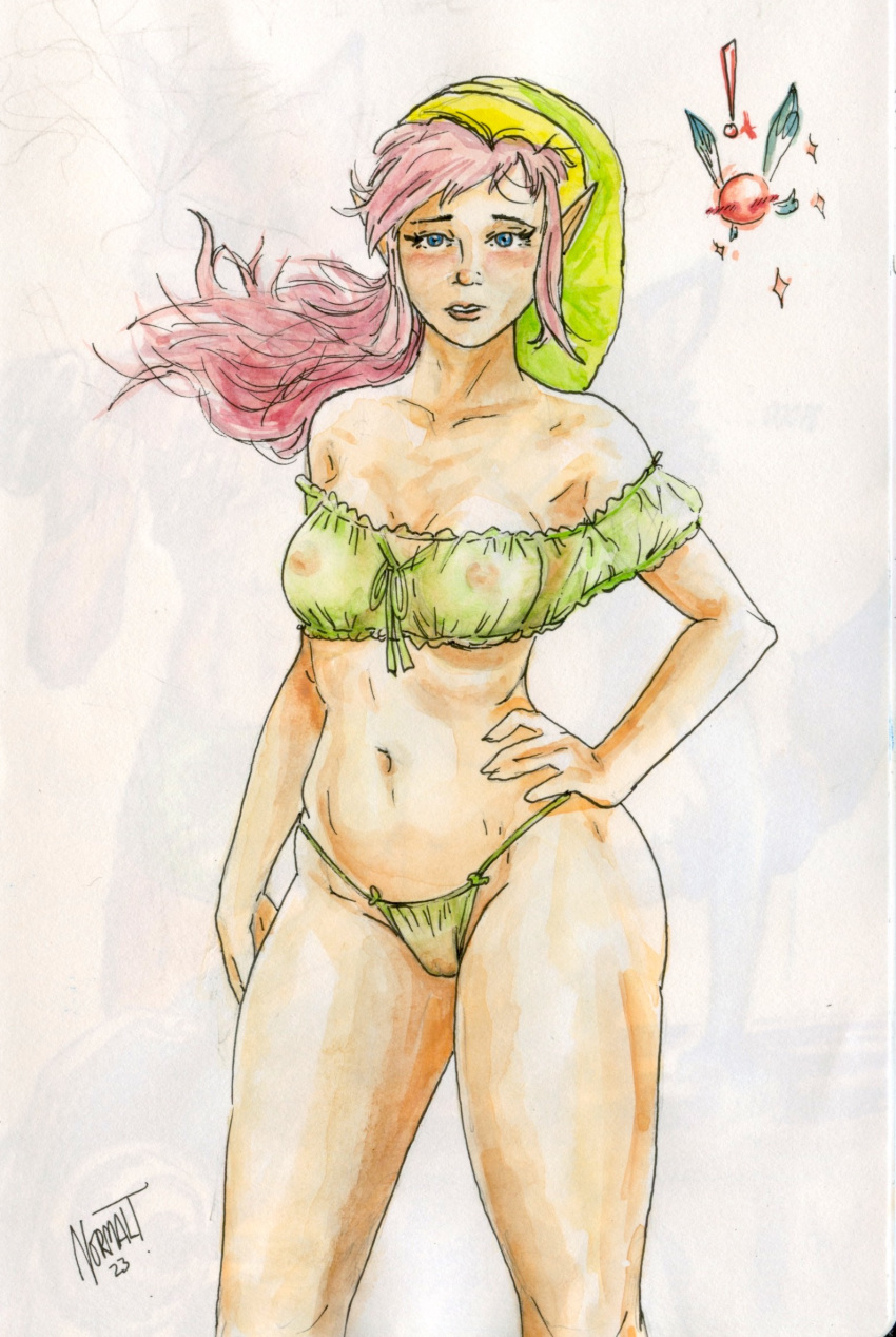 belly belly_button blush elf elf_female genderswap_(mtf) hand_on_hip lingerie link link_(shounen_captain) nintendo normalt pink_hair rule_63 see-through see-through_panties see-through_top shaved_pussy the_legend_of_zelda traditional_media_(artwork) tummy watercolor_(artwork)