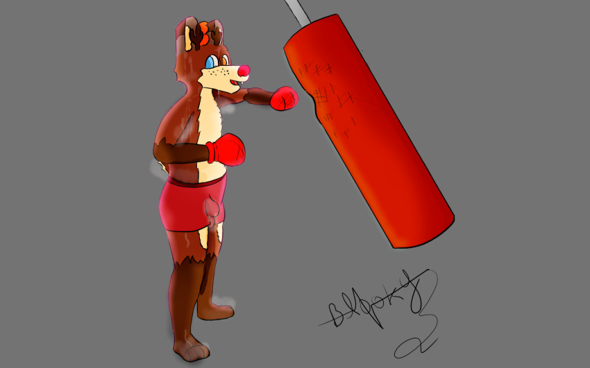 anthro blooky_the_foxxo_deer bodily_fluids boxing boxing_bag bulge canid canine clothing deer fox hybrid male mammal musk nerd paws skinny smelly smelly_paws solo sport sweat training underwear