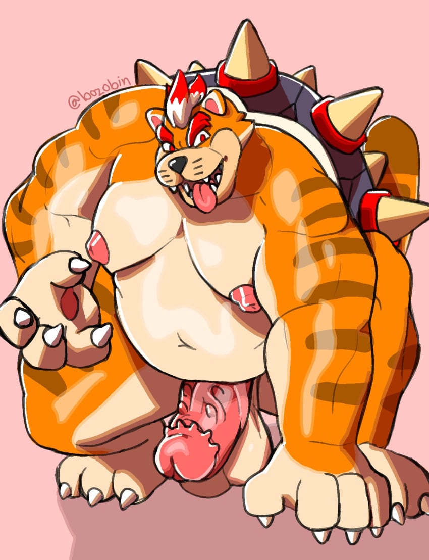 2021 anthro balls belly big_moobs big_muscles bowser bozobin crouching domestic_cat erection felid feline felis full-length_portrait fur genitals hi_res hybrid koopa male male_only mammal mario_(series) meowser moobs musclegut muscular nintendo nipples orange_body orange_fur overweight overweight_anthro overweight_male penis pink_background portrait pose scalie shell simple_background solo spiked_penis spiked_shell spikes spikes_(anatomy) striped_body striped_fur stripes super_mario_3d_world tongue tongue_out whiskers