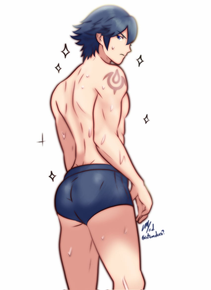 1boy backshots black_hair black_hair_bottom blue_eyes blue_hair blue_hair_on_black_hair blue_hair_top brand_of_the_exalt chrom_(fire_emblem) domination fire_emblem fire_emblem_awakening gay light_hair_on_dark_hair looking_at_viewer looking_back male_only muscular_male rotomdocs short_hair solo swimming_trunks