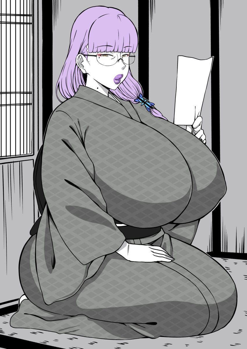 1girls beauty_mark curvy curvy_body curvy_female glasses huge_breasts kimono komusou_(jinrikisha) lipstick mature_female milf purple_hair sitting yukimama_(jinrikisha)