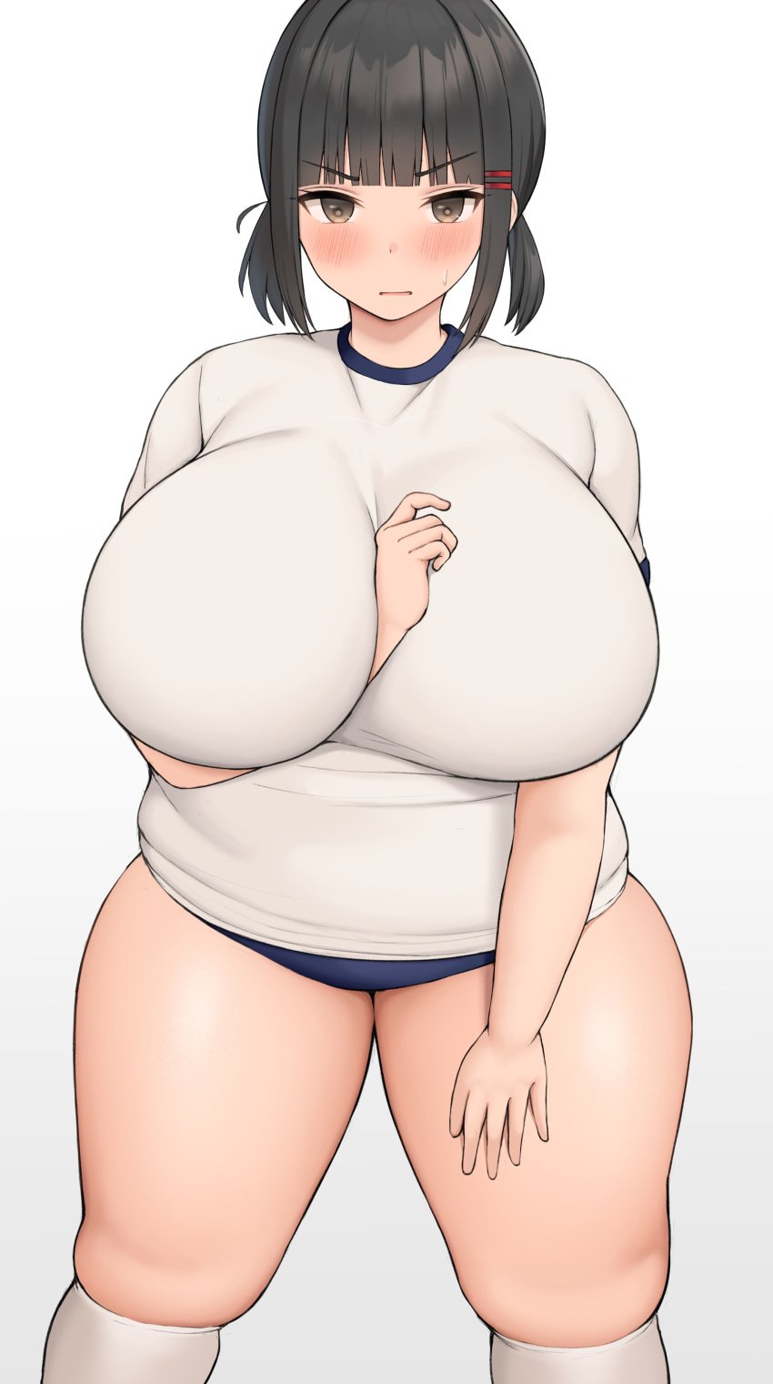 1girls breasts brown_eyes brown_hair buruma chubby female gym_clothes gym_uniform hi_res hips huge_breasts massive_breasts naughty_face neneneji original original_character thick_thighs voluptuous wide_hips