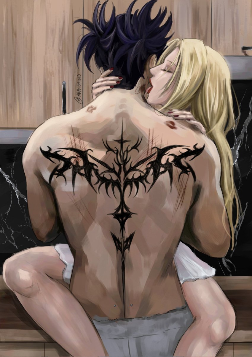 1boy 1girls aransmind artist_name back_piercing back_tattoo back_view choso_kamo closed_eyes hickey jujutsu_kaisen kiss_mark licking licking_neck painted_nails piercing scratch_marks scratches scratches_on_back shirtless shirtless_male straight tagme tattoo tongue_out yuki_tsukumo