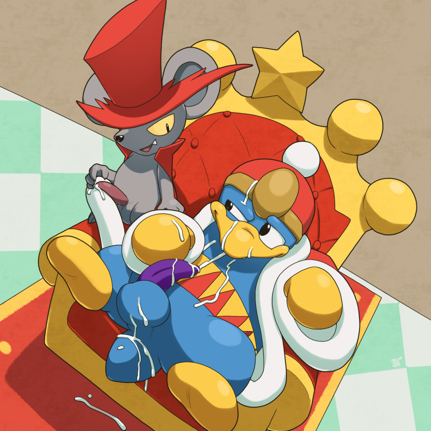 after_sex anthro argon_vile avian balls bird bottomless cape chair clothed clothing cum cum_on_balls cum_on_chest cum_on_clothing cum_on_face cum_on_ground cum_on_self daroach duo erection eye_contact half-closed_eyes hat hi_res king_dedede kirby_(series) looking_at_another male mammal mouse penguin penis robe rodent sitting throne yaoi