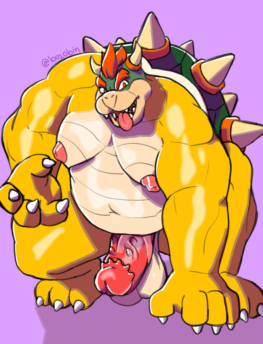 2021 anthro balls belly big_moobs big_muscles bowser bozobin crouching erection full-length_portrait genitals hi_res horn male male_only mario_(series) moobs musclegut muscular nintendo nipples overweight overweight_male penis pink_background portrait pose reptile scalie shell simple_background solo spiked_penis spiked_shell spikes spikes_(anatomy) tongue tongue_out