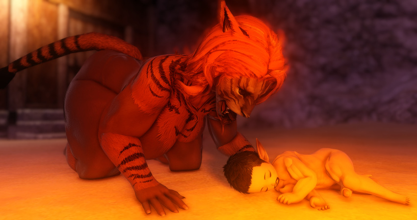 closed_eyes female final_fantasy_xiv gpose(ffxiv) hrothgar imminent_vore lalafell male nude open_mouth penis predator/prey predatory_look sleeping