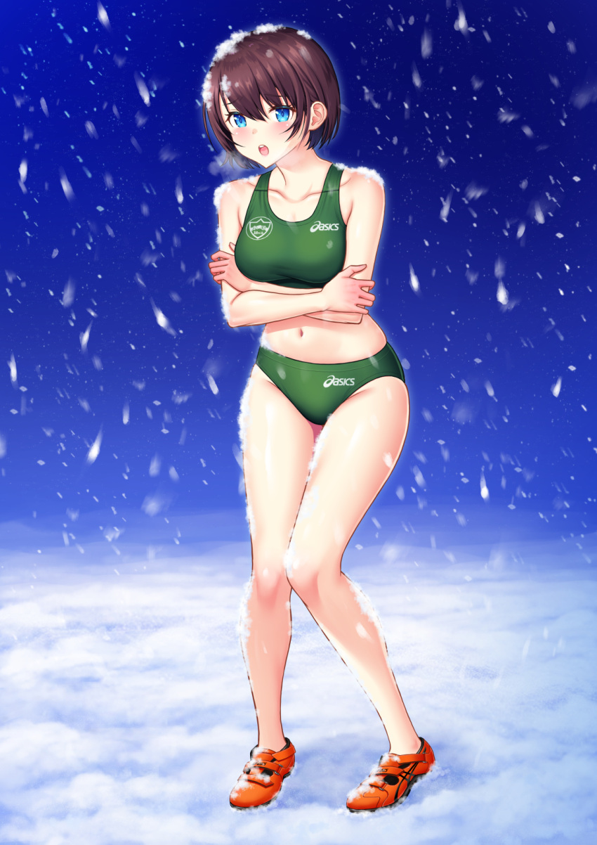 asics barely_clothed barely_covered blue_eyes brown_hair cold exposed female female_only gym_shorts hotpants hugging_self kuri_(kurigohan) original outdoors revealing_clothes running_shoes scantily_clad shivering short_hair sneakers snow sports_bikini sports_bra sports_uniform sportswear steamy_breath track_and_field