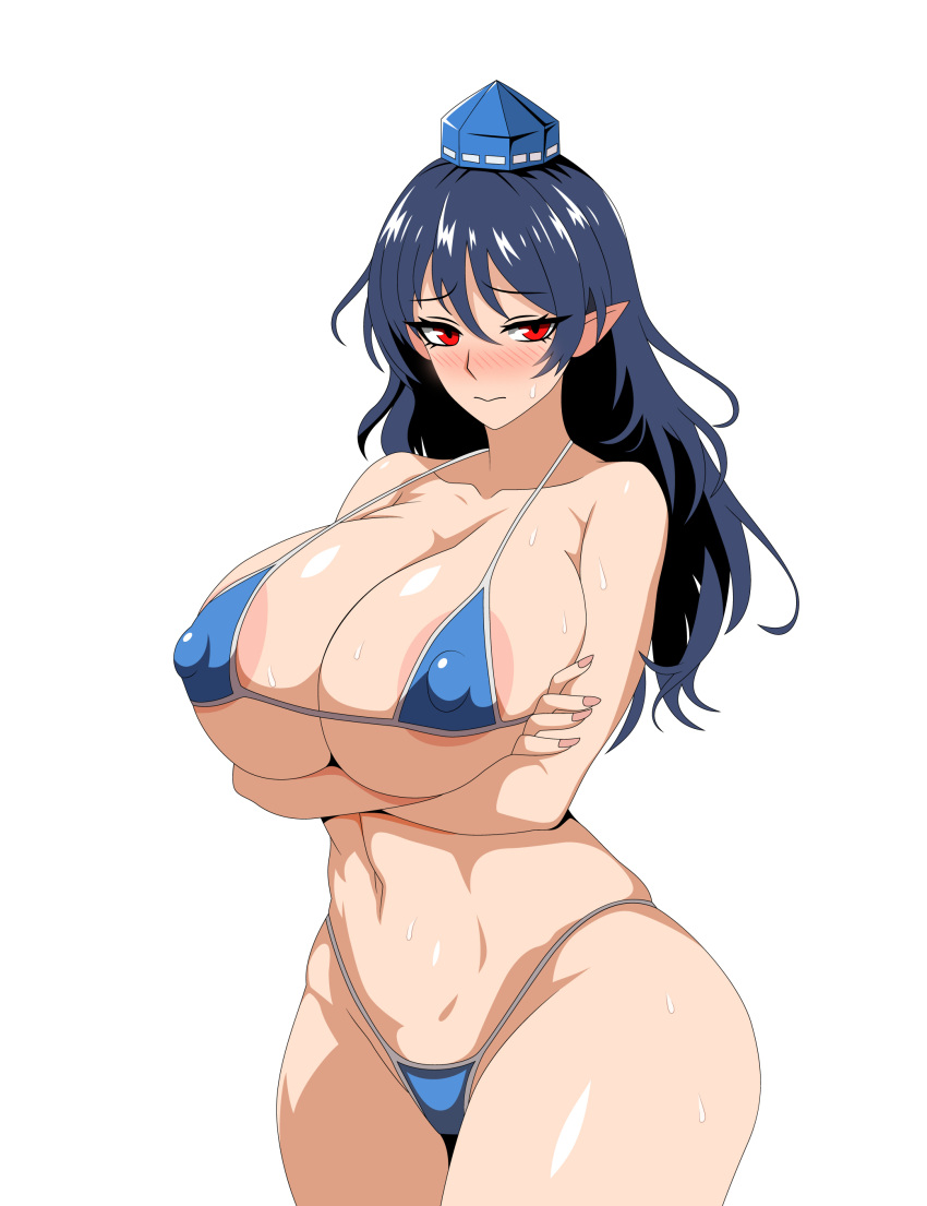 1girls 2d areolae bare_shoulders belly belly_button bikini bikini_only black_hair blush breasts cleavage crossed_arms embarrassed female female_only hands_crossed hips humanoid iizunamaru_megumu large_breasts light-skinned_female light_skin long_hair looking_at_viewer nipple_bulge nipples pale-skinned_female pale_skin pointy_ears red_eyes shy sideass simple_background solid_color_background solo source ssaf ssaf52913778 ssaf_seibeupail standing sweat tengu thick_thighs thighs tokin_hat touhou visible_areolae white_background wide_hips