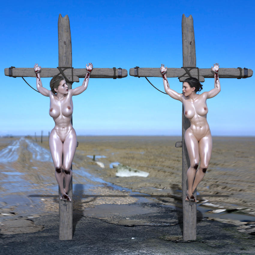 2girls 3d 3d_(artwork) abs big_breasts black_hair blood breasts brown_hair completely_nude completely_nude_female crucifixion hlt1w hourglass_figure mother_and_daughter multiple_girls nipples nude nude_female padme_amidala princess_leia_organa ruined_makeup star_wars