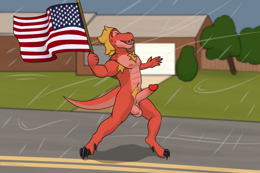 abs american_flag anthro armpit_hair balls body_hair building chest_hair digitigrade dinosaur erection foreskin genitals hi_res house humanoid_genitalia humanoid_penis hurricane male_only navel nipples outside penis pubes raining red_body reed_(tobythederg) reptile retracted_foreskin road saggy_balls scalie solo storm tail theropod tobythederg tyrannosaurid tyrannosauroid tyrannosaurus tyrannosaurus_rex united_states_of_america wind