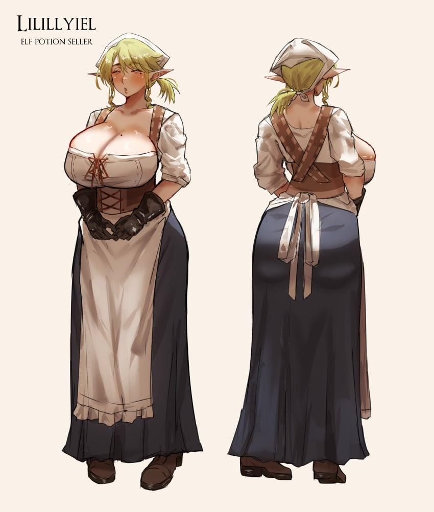 blonde_hair blush cleavage clothed elf eyes_closed female_elf front_and_back globining hair_tied_back large_ass large_breasts lilillyiel mature_woman medieval_clothing milf mole_on_breast mole_under_eye potion short_hair voluptuous voluptuous_female wide_hips