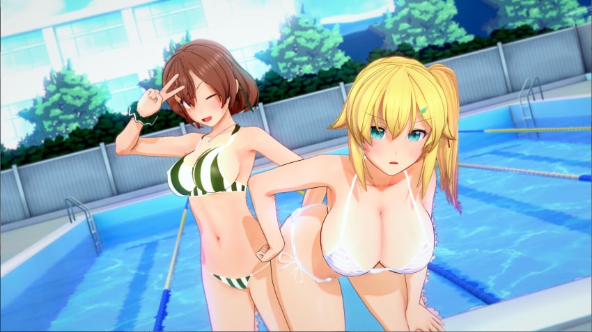 2girls 3d annoyed arm_up armpits big_breasts bikini blonde blonde_female blonde_hair blonde_hair_female brown_eyes brown_hair brown_hair_female busty cleavage emma_brightness female/female female_focus female_only female_with_female girls girls_only green_eyes hand_on_hip hand_on_leg hand_on_own_leg hand_on_own_thigh hand_on_thigh hi_res large_breasts leaning_forward legs lola_metrose navel only_female pool pose posing short_hair side_ponytail smile the_hidden_dungeon_only_i_can_enter thighs v voluptuous water wink