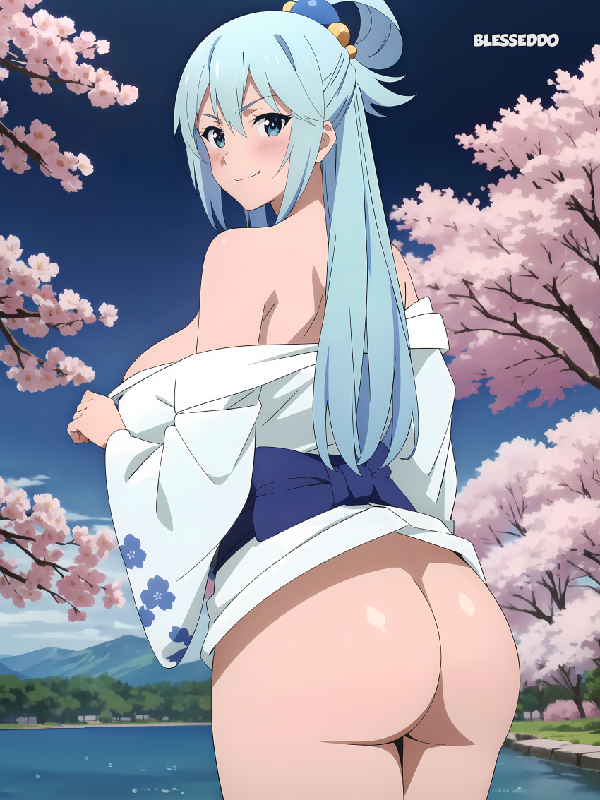 1girls ai_generated aqua_(konosuba) big_breasts blesseddo blue_eyes blue_hair kono_subarashii_sekai_ni_shukufuku_wo! long_hair looking_at_viewer looking_back no_panties round_ass round_butt solo