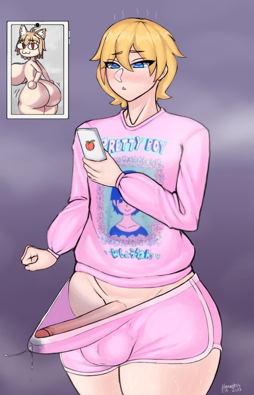 1boy 1femboy 2023 2d 2d_(artwork) arousal aroused artist_signature big_dick big_penis blonde_femboy blonde_hair blonde_hair_blue_eyes blonde_hair_femboy blue_eyes blush blushing_femboy dated erect erect_penis erection femboy femboy_only feminine feminine_male girly green_(greenbutdark) hair_between_eyes heterosexual huge_cock light-skinned_femboy light_skin looking_at_phone looking_at_porn male male_only namelesselfz neck_length_hair neco-arc pink_shorts pink_sweater precum precum_through_clothing precumming running_shorts shorts smooth_penis solo solo_femboy source_request thick thick_ass thick_boy thick_thighs