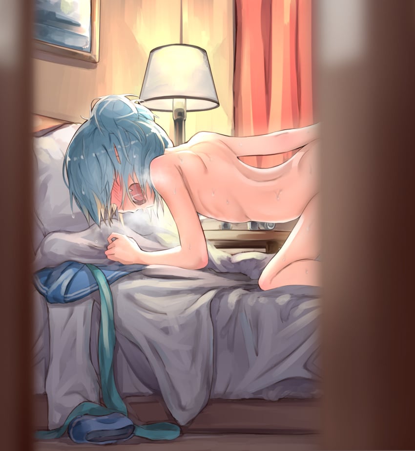 all_fours aqua_neckwear blue_hair blue_sailor_collar breasts commentary_request convenient_arm curtains double_bun female highres implied_sex indoors kabayaki_namazu kantai_collection lamp long_sleeves neckerchief neckerchief_removed on_bed open_mouth painting sailor_collar samuel_b._roberts_(kantai_collection) school_uniform shirt shirt_removed short_hair small_breasts solo sweat white_shirt