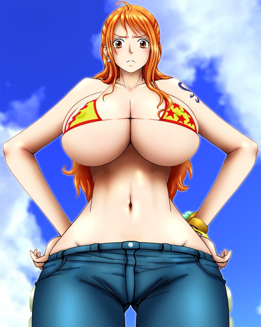 1girls bikini_top blush bracelet breasts brown_eyes cleavage clothed clouds collarbone cowboy_shot curvy earrings female female_only front_view frown hourglass_figure huge_breasts human inomaru jeans long_hair looking_at_viewer nami nipple_bulge one_piece orange_hair pants shoulder_tattoo skimpy skindentation sky solo tattoo thick_thighs underboob very_long_hair wide_hips